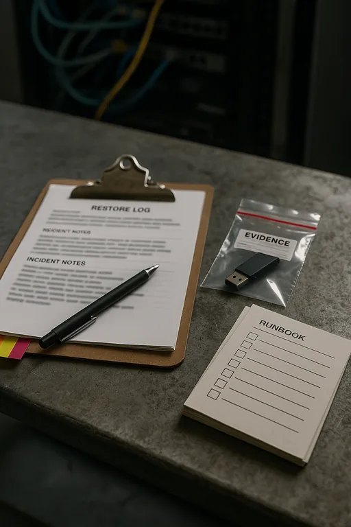 Close-up of a clipboard with blurred restore logs, handwritten notes, a USB in an evidence bag, and runbook pages on a metal workbench.