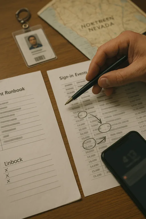 Close-up of a runbook checklist and a printed sign-in timeline on a desk, with a technician pointing to circled events.