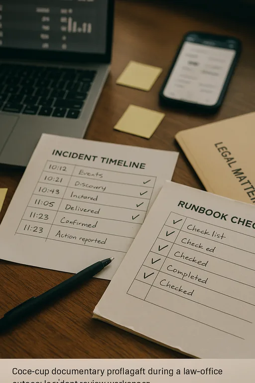 Printed incident timeline, runbook checklist, and handwritten notes on a desk used to track and diagnose a law office outage.