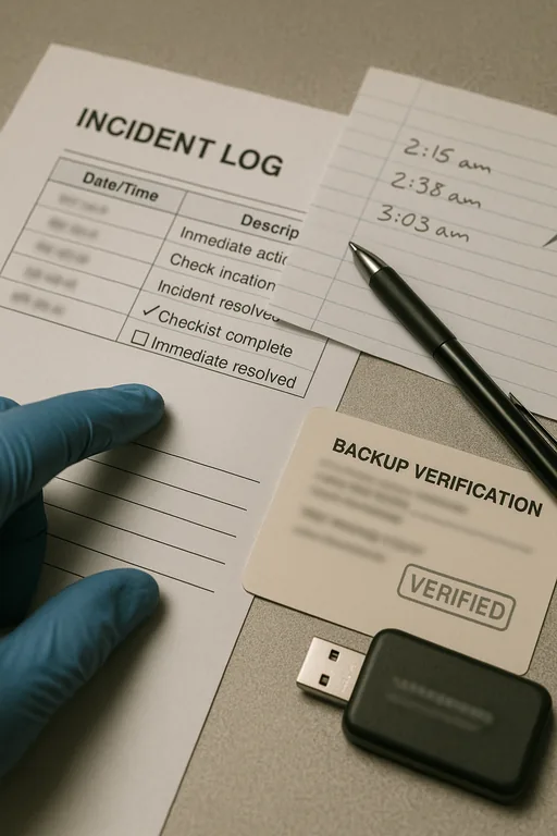 Close-up of an incident log, handwritten timeline notes, a USB drive, and a technician's hand reviewing a backup verification slip on a plant office desk.