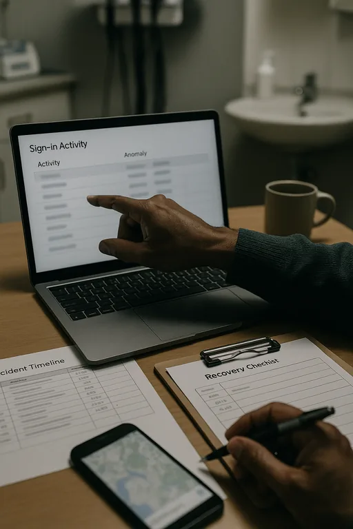 Close-up of an IT pro reviewing blurred sign-in logs and a printed incident timeline on a clipboard as evidence from a lockout.
