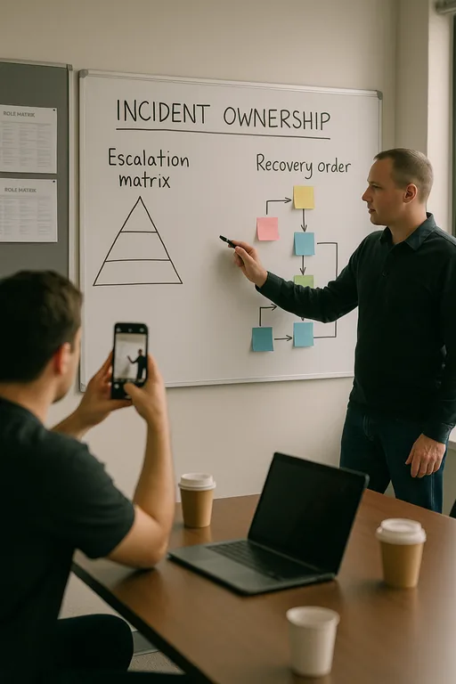 A technician points at an out-of-focus whiteboard showing an escalation matrix and recovery order during a meeting to assign incident ownership.