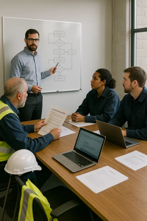 IT consultant leading a tabletop incident response review with plant supervisors around a whiteboard and playbook documents.