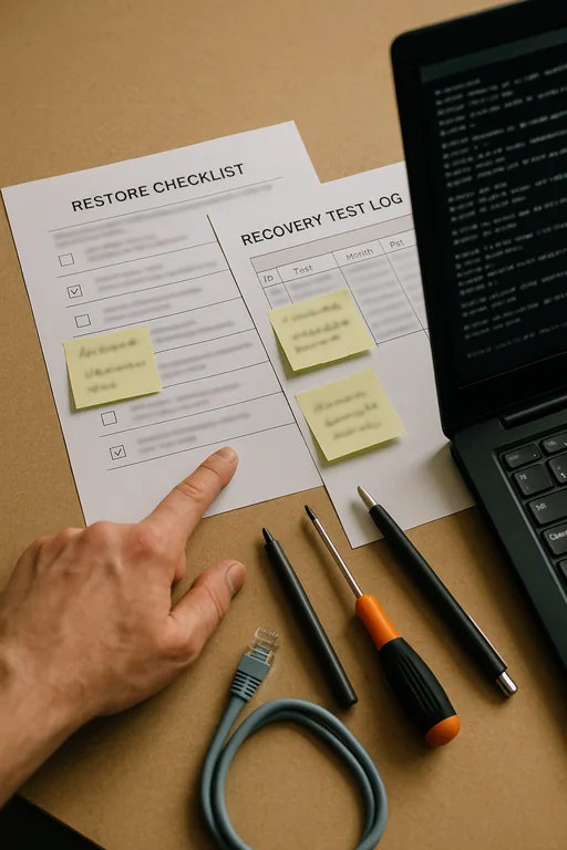 Close-up of an incident response table with a restore checklist, test log, tools, and a laptop showing blurred logs.