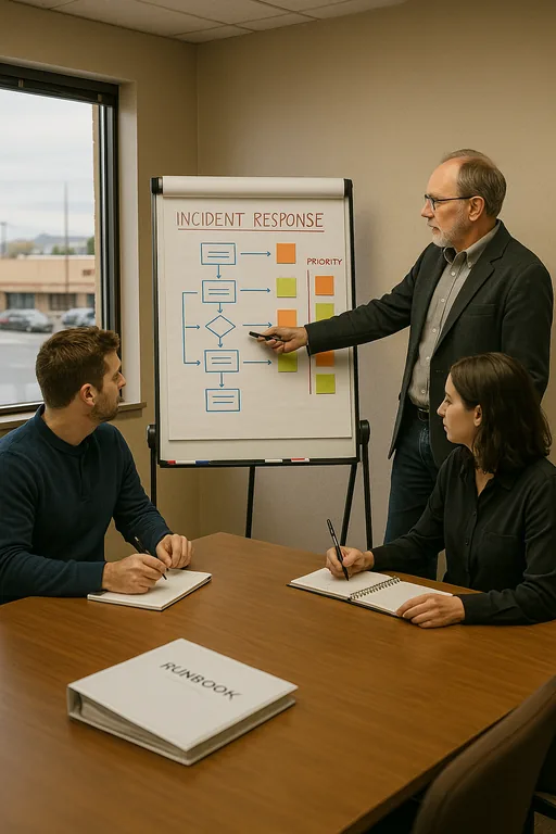 Small team mapping an incident response workflow on a whiteboard, with a runbook binder and sticky notes on the table.