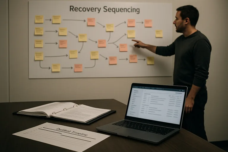 An engineer points to a recovery sequence board while a runbook binder and incident timeline are open on the table.