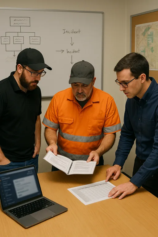 IT staff and a plant supervisor reviewing an incident response runbook and containment workflow with a whiteboard diagram in the background.