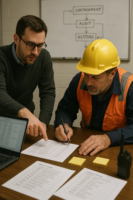 IT consultant and supervisor reviewing a blurred incident response runbook and timeline during a tabletop containment session.