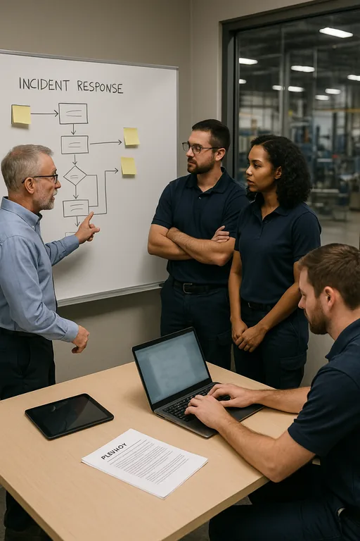 IT and operations staff gathered around a whiteboard with a non-readable incident workflow while coordinating response steps.