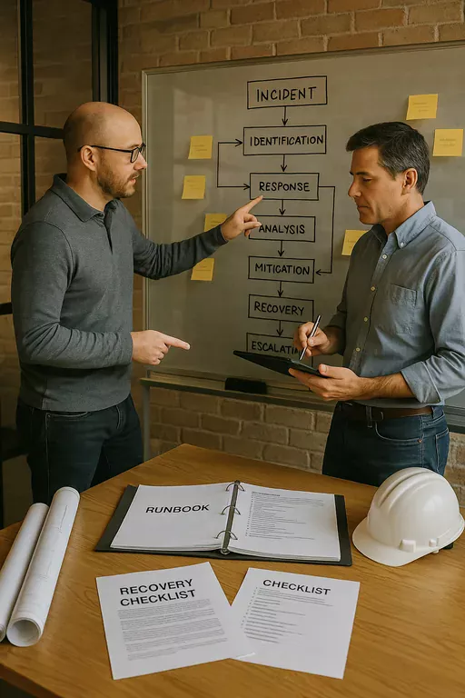 IT consultant and project manager review a non-readable flowchart and runbook binder for incident response in a construction office.