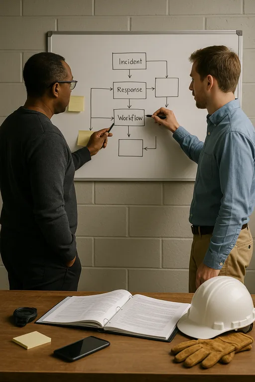 IT consultant and project manager mapping an incident response workflow on a whiteboard with a runbook open on the table.