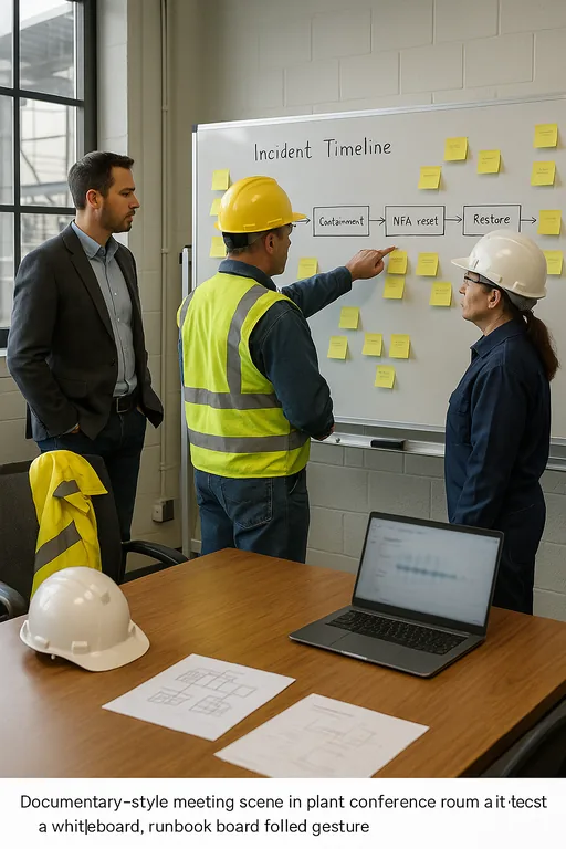 IT consultant and plant supervisors planning containment and recovery steps at a whiteboard with a timeline and sticky notes during an incident response meeting.