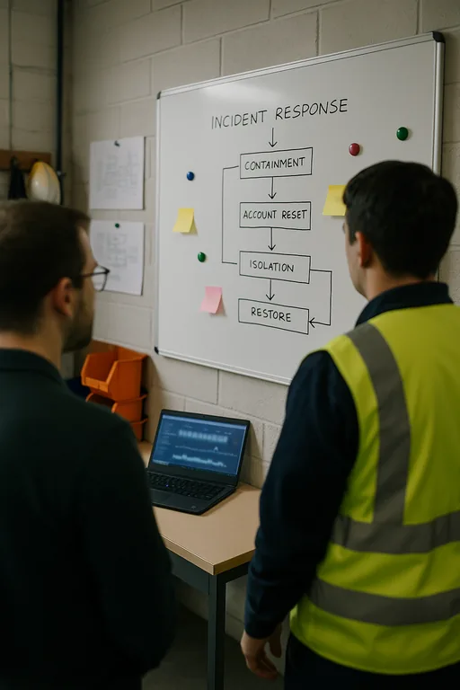 Two IT staff review an incident response flowchart on a whiteboard in a plant office, with diagrams and sticky notes blurred for privacy.
