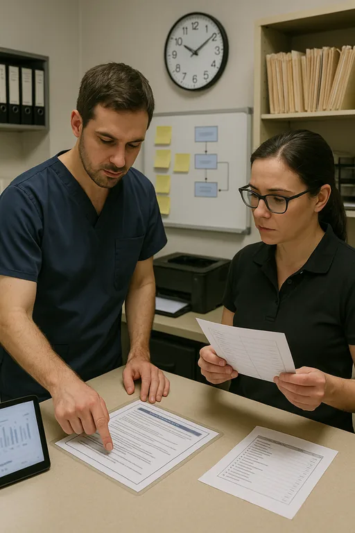 Technician and office manager review a laminated incident response runbook and whiteboard flowchart in a clinic back room.