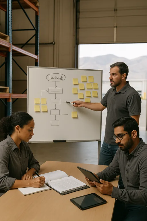 Operations and IT team gathered around a whiteboard with a sketched incident workflow and runbook binder, planning clear response ownership for a logistics site.
