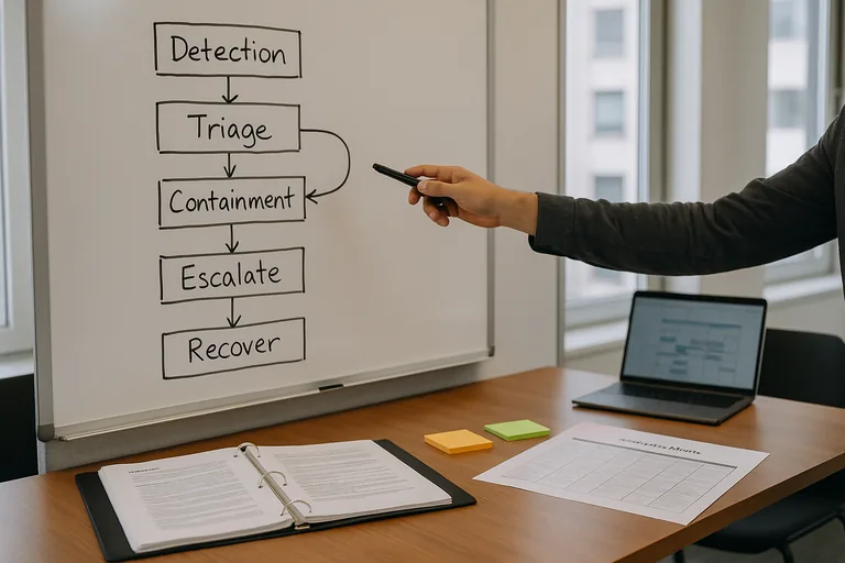 Whiteboard flowchart and open runbook during an incident response planning session showing process and escalation visuals.
