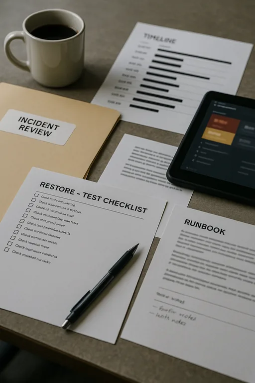 Printed runbook pages, a restore test checklist, and a technician's tablet on a conference table during an incident review