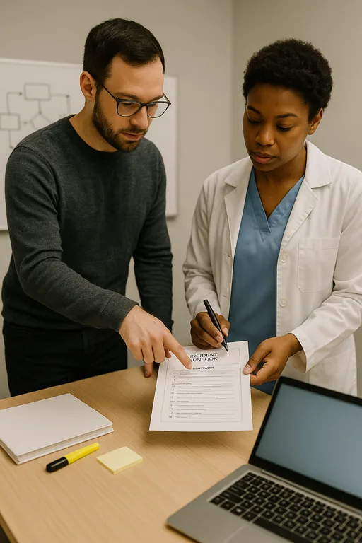 IT consultant and office manager reviewing a printed incident runbook and checklist at a clinic conference table with a laptop and whiteboard in the background.