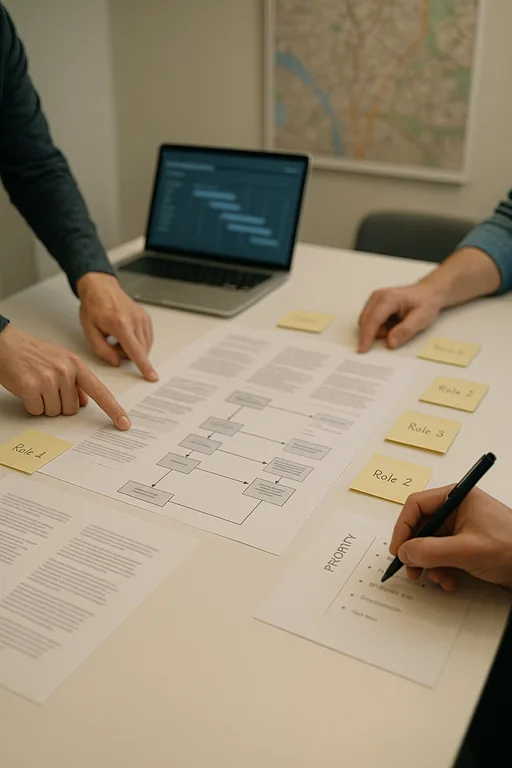Team members pointing at a printed runbook and flowchart while annotating roles and recovery steps during an incident planning session.