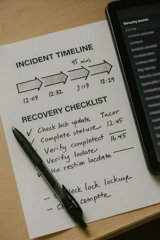 Printed incident timeline, handwritten notes, and a blurred security events screen on a desk, showing documentation from a clinic lockout and recovery event.