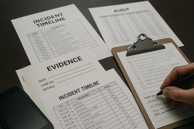 Close-up of a printed incident timeline, audit sheets, and a checklist with handwritten ticket timestamps on a meeting table.