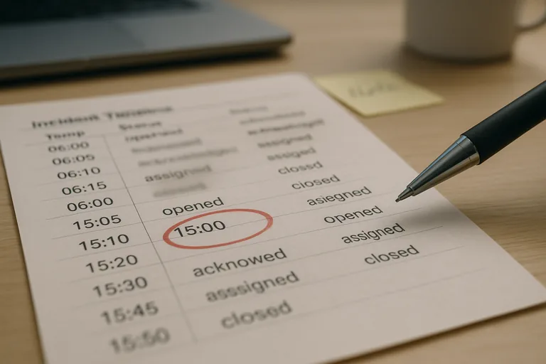 Close-up of a printed incident timeline with timestamps and a circled 15-minute acknowledgment mark, pen pointing to the record.