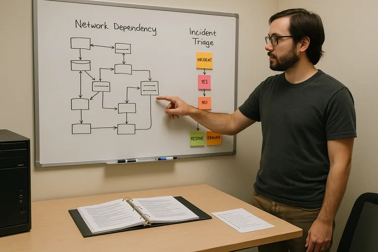 IT technician pointing at a whiteboard with a network dependency diagram and incident triage flow while an open runbook and checklists sit on a table beneath it.