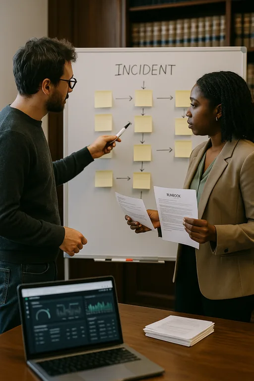 IT consultant and office manager reviewing a whiteboard workflow with sticky notes and a printed runbook to standardize incident handling.