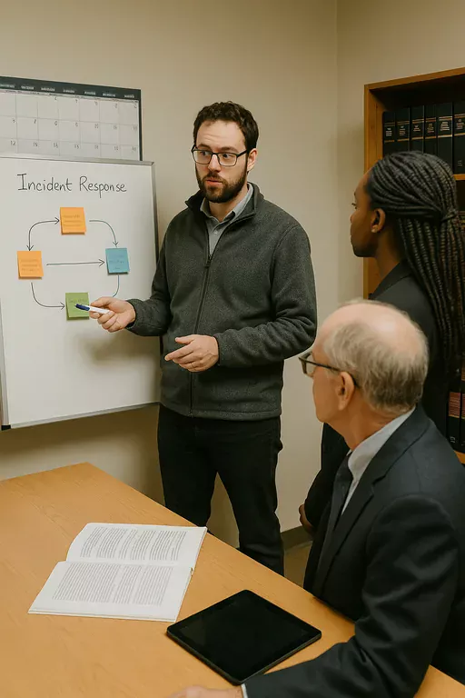 IT consultant and law office staff reviewing an incident response workflow on a whiteboard with a printed runbook on the table.