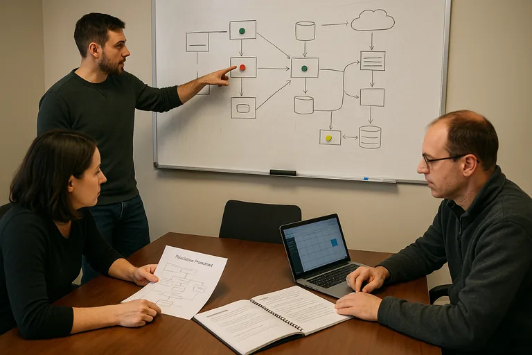 Engineers mapping network and service dependencies on a whiteboard while reviewing runbooks, patch windows, and escalation flowcharts during a planning session.