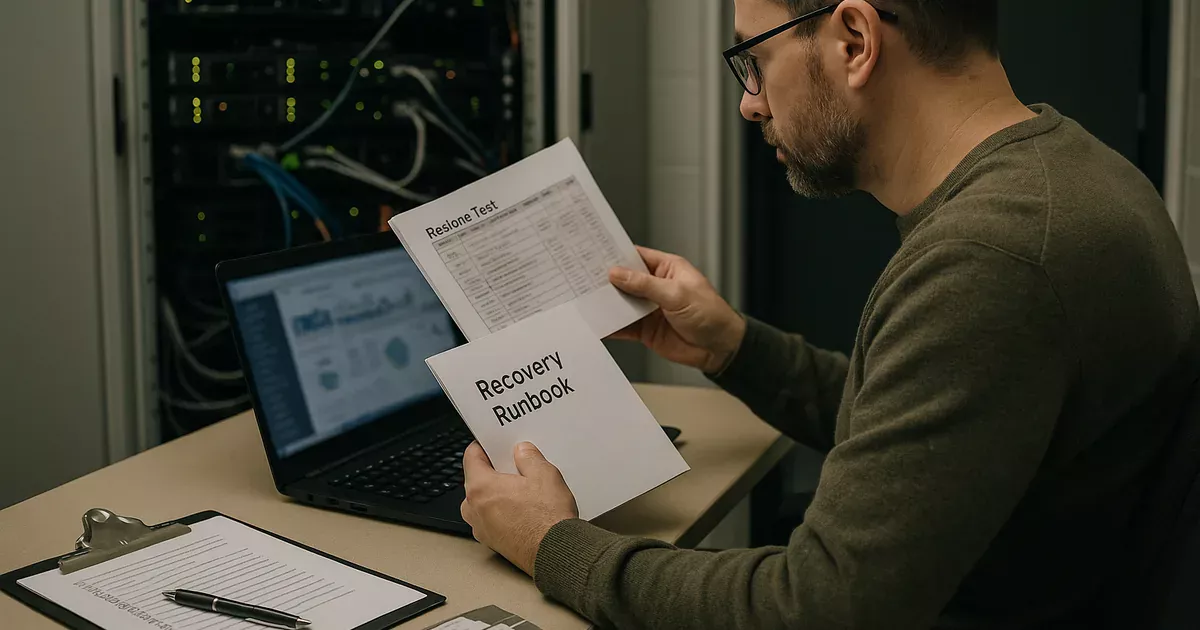 IT administrator in a server room reviewing a printed recovery runbook and a blurred monitoring dashboard on a laptop with a server rack visible behind them.
