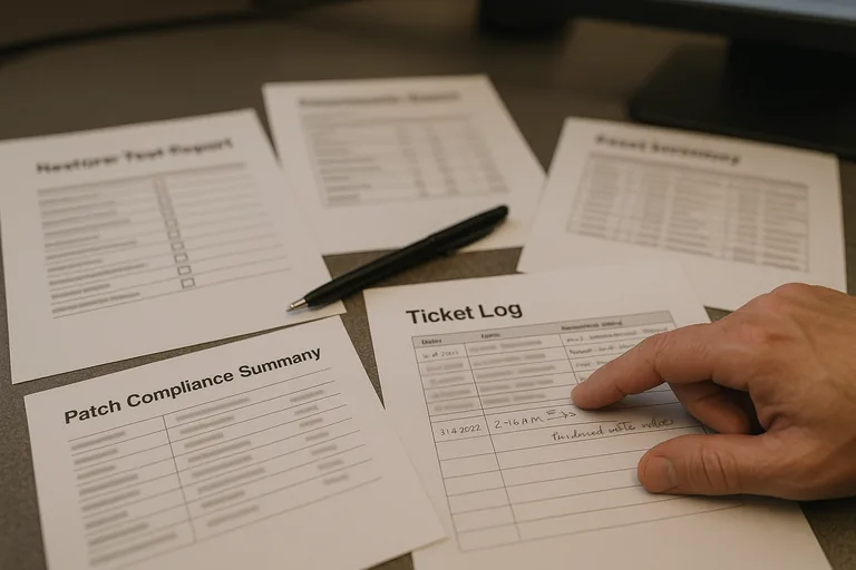Close-up of printed restore-test reports, an asset inventory sheet, and an annotated ticket log on a desk with a pen.