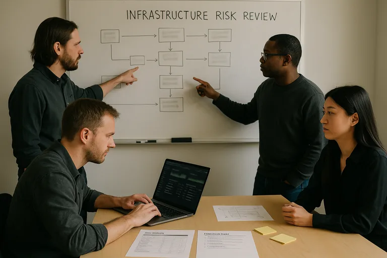 Small IT team mapping a recovery workflow on a whiteboard with printed asset inventories and a laptop open to monitoring tools on the table.