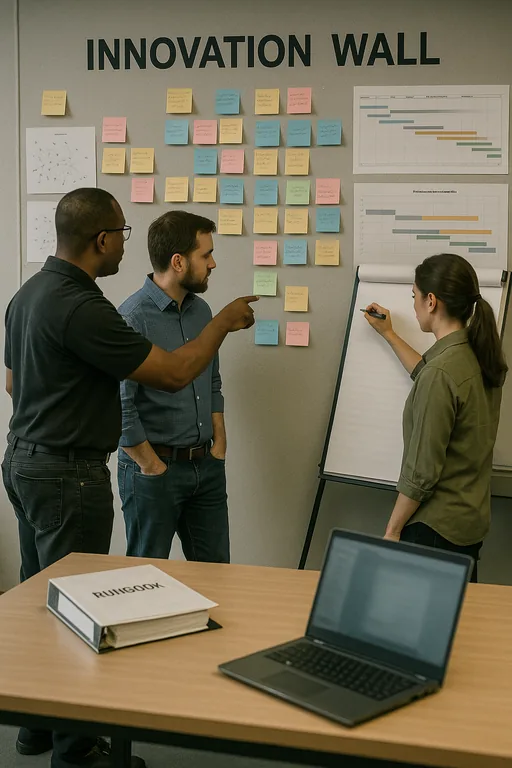 Team pointing at an 'Innovation Wall' with sticky notes and dependency maps during a phased modernization planning session in a plant office.