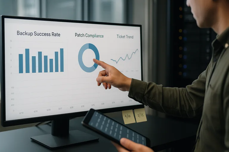 IT operations monitor displaying backup success, patch compliance, and ticket trend charts while an engineer reviews results.