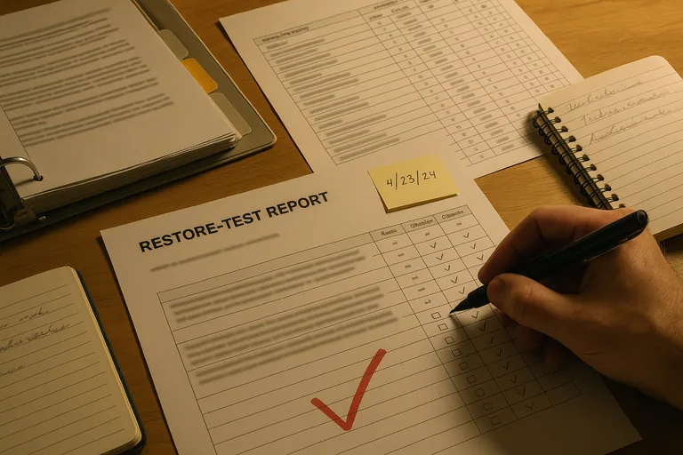 Close-up of printed restore-test reports, asset inventory printouts, and a technician marking a checklist on a desk.