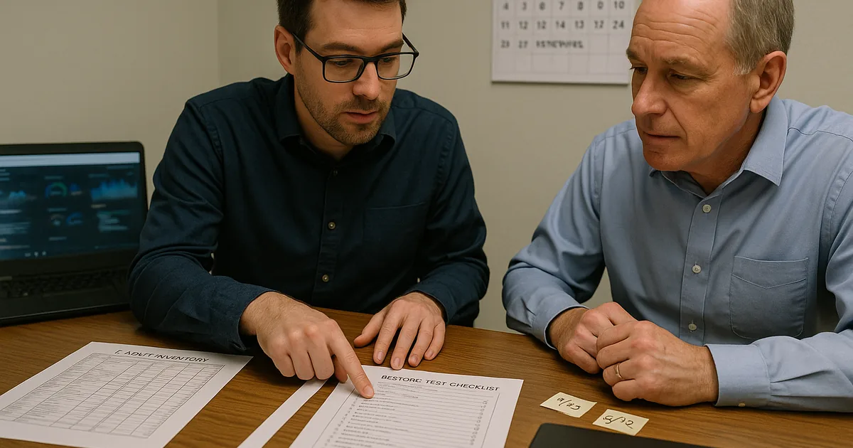 IT consultant and company leader reviewing printed asset inventory, a renewal calendar, and restore-test paperwork in a budget planning meeting.