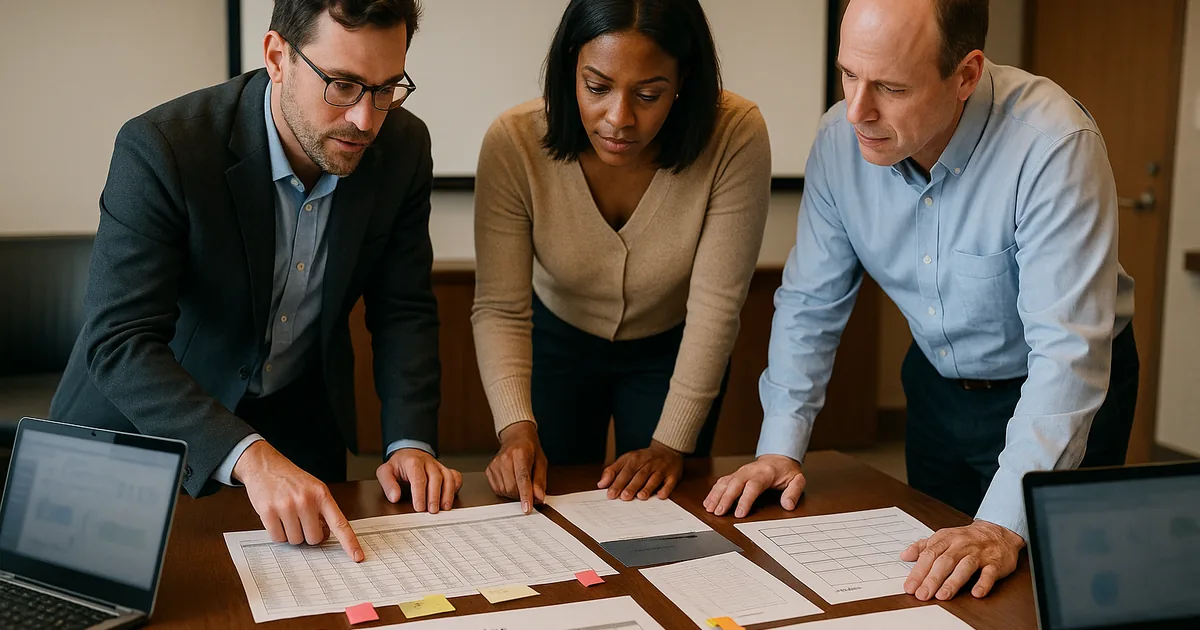 Consultant and company leaders reviewing printed asset inventory and a recovery runbook at a conference table with laptops and sticky-note ownership markers.