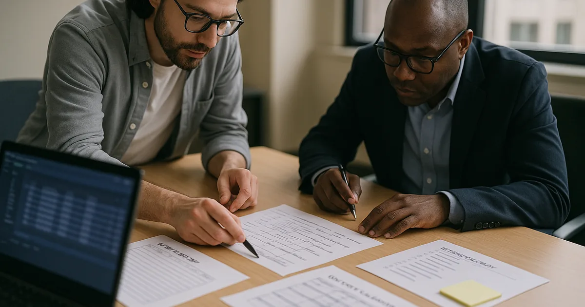 IT consultant and manager reviewing printed asset inventory, lifecycle calendar, and restore-test checklist at a conference table with a blurred laptop screen.
