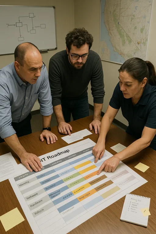 Small team reviewing a 12–24 month IT roadmap and dependency flow in a logistics operations room, illustrating prioritized upgrade planning.
