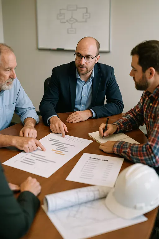 Consultant and construction firm leaders reviewing a staged IT roadmap and timeline at a meeting table with site plans and a hard hat nearby.
