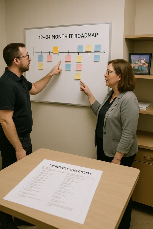 An IT consultant and office manager mapping a 12–24 month IT roadmap on a whiteboard with sticky notes in a dental office back room.