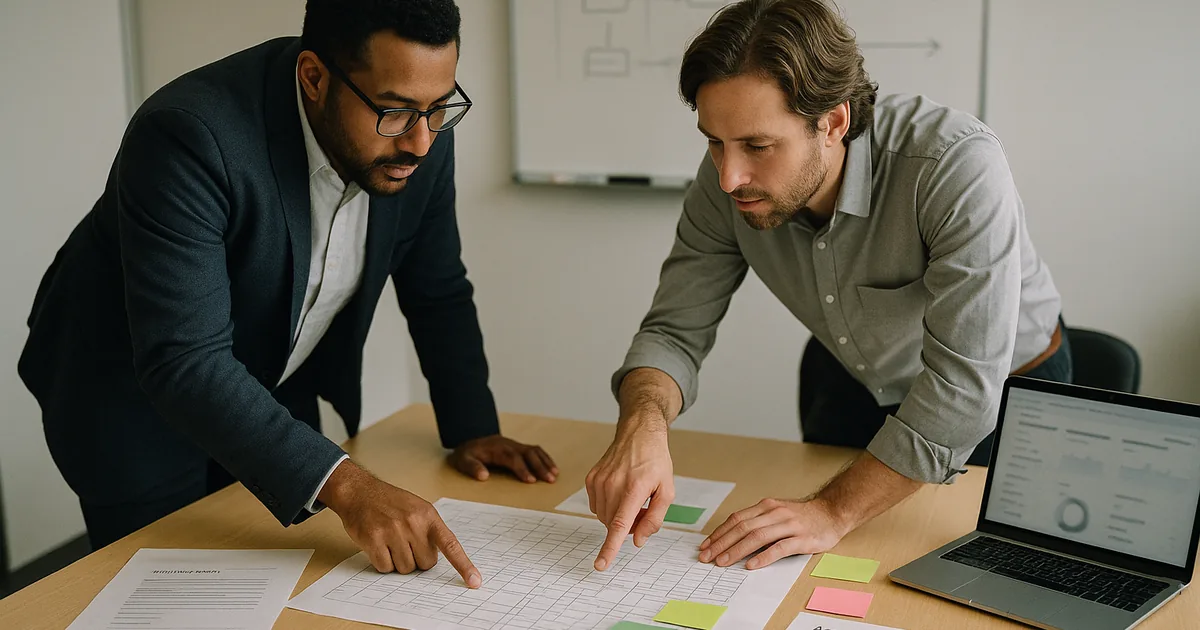 Consultant and business leader reviewing printed dependency maps, restore-test packet, and inventory sheets during an IT strategy meeting.