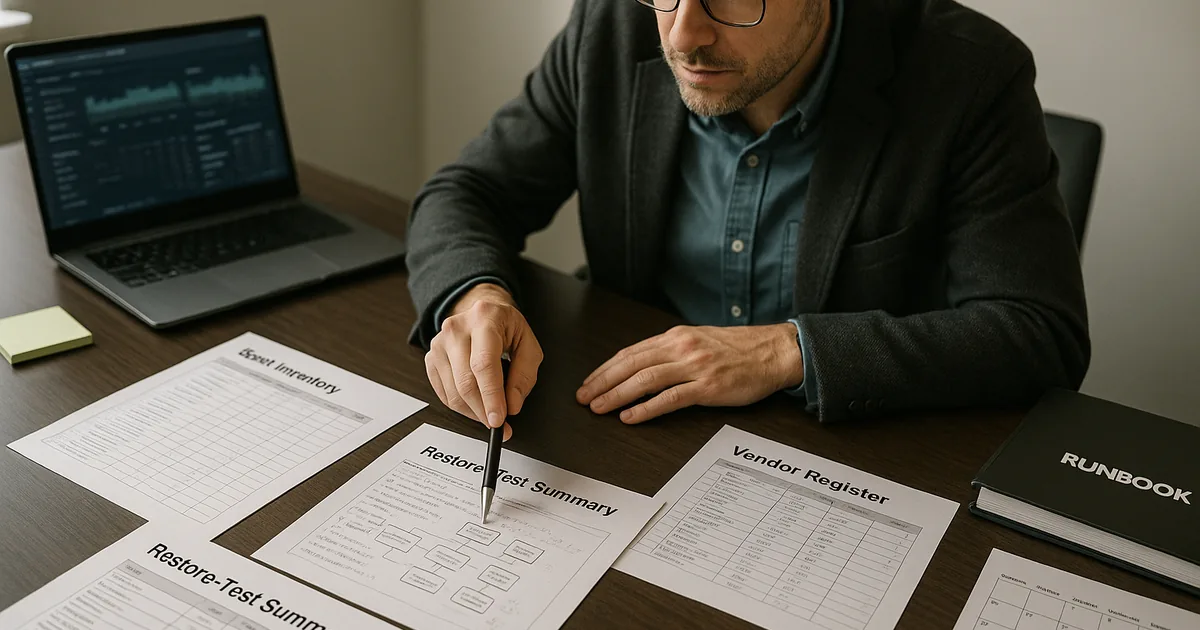 IT strategist reviewing printed asset inventory, application map and a restore-test summary at a meeting table with a laptop showing a blurred dashboard.