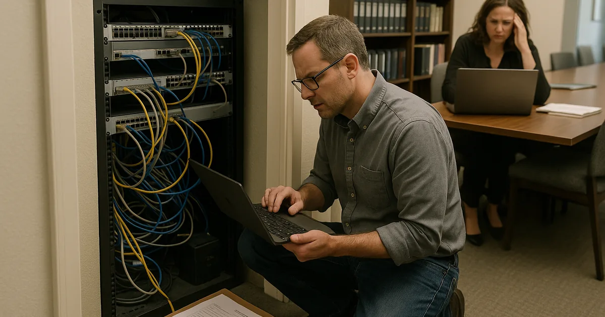 An onsite network inspection shows how years of added devices and ad‑hoc cabling create the scalability ceiling before a hard outage.