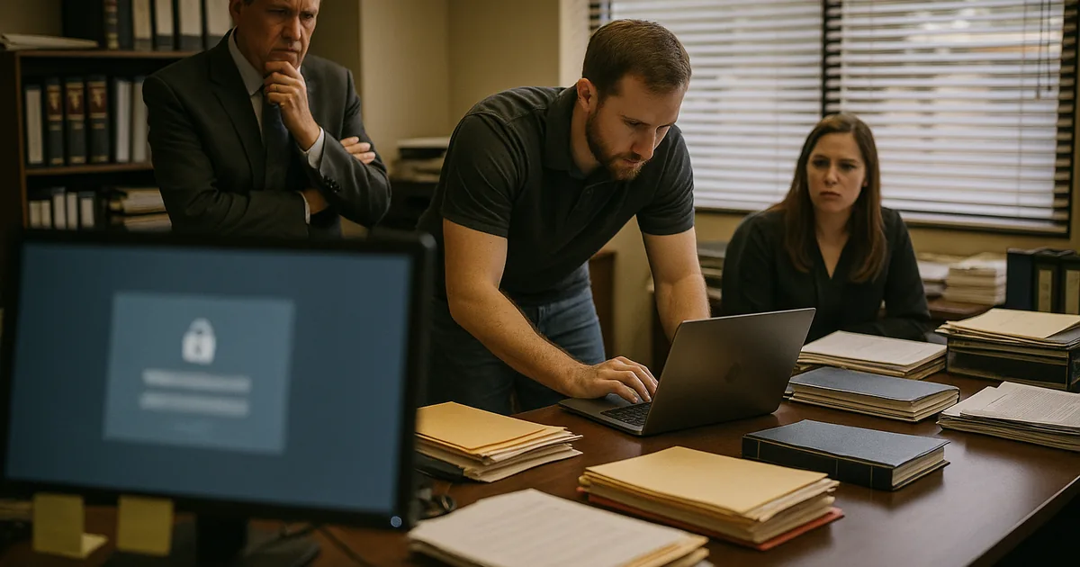An on-site troubleshooting moment showing how identity-related outages quickly disrupt legal work and require coordinated technician intervention.