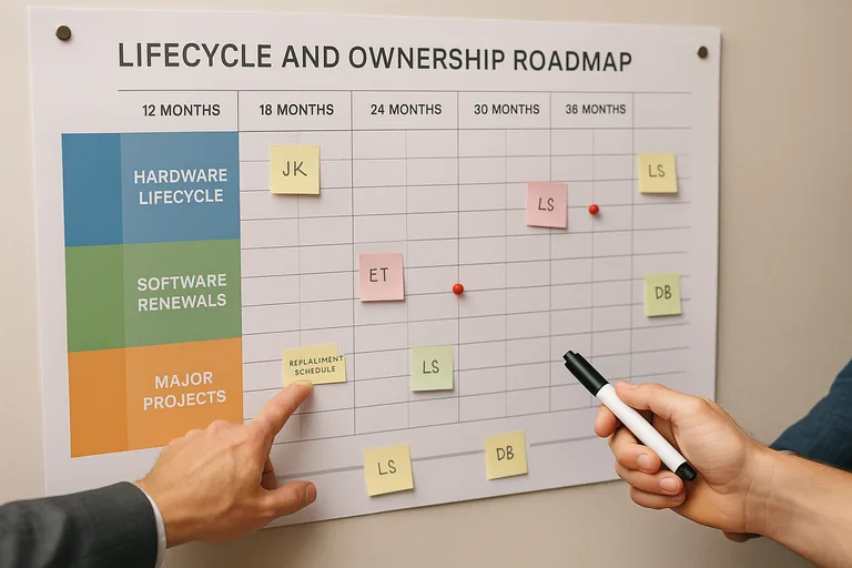 Photograph of a color-coded lifecycle and ownership roadmap with sticky-note owners and scheduled replacement markers indicating responsibilities and timelines.
