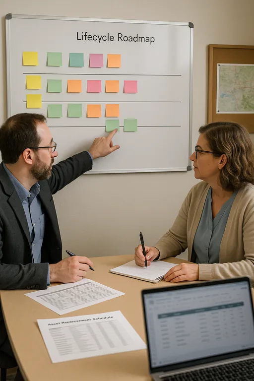 IT consultant and medical practice manager reviewing a lifecycle roadmap and replacement schedule on a whiteboard and printed documents, showing planned IT budgeting.