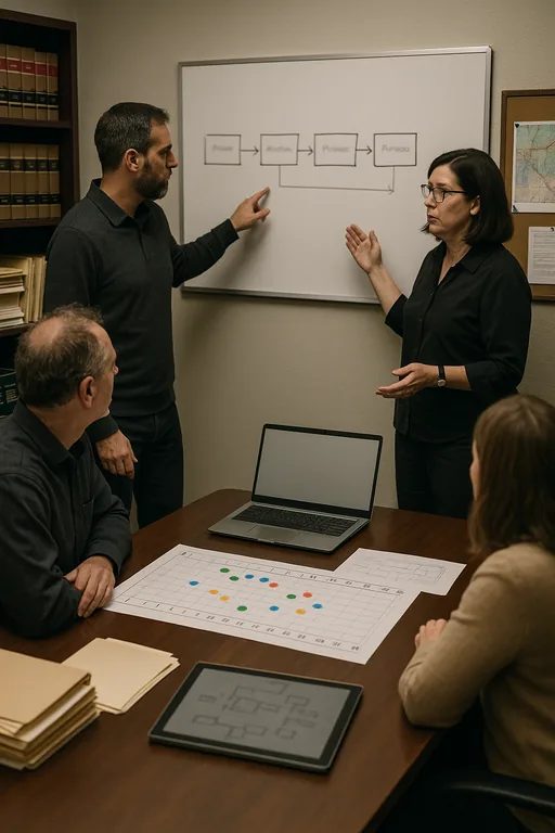 IT consultant and office administrator reviewing a whiteboard lifecycle roadmap and a two-year timeline on a table during a planning session in a law office.