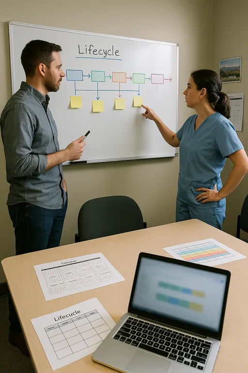 An IT consultant and clinic manager review a lifecycle roadmap on a whiteboard with sticky notes and a calendar during a planning session.